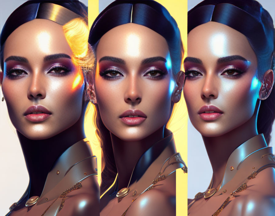 Woman's triple portrait with striking makeup and futuristic accessories in colorful light reflections.