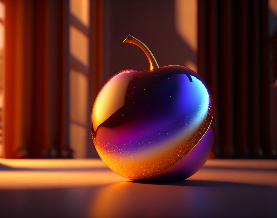 Stylized glossy apple with cosmic texture on warm lit background