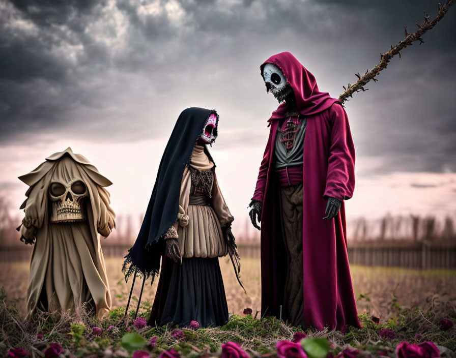 Three skeletal figures in macabre costumes under gloomy sky with scattered petals