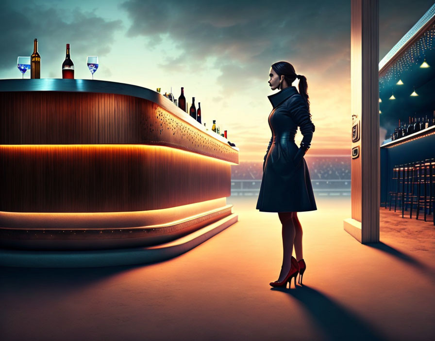 Woman in Black Coat and Red Heels at Curved Bar with Bottles in Twilight Stadium Setting