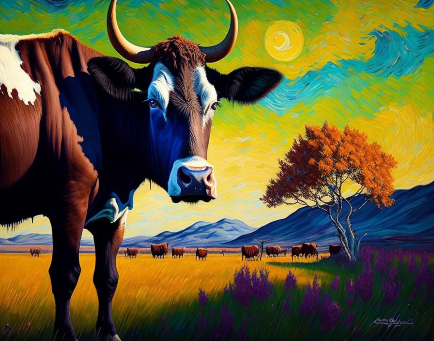 Colorful painting of a brown cow with large horns in stylized pasture with swirling skies, purple flora