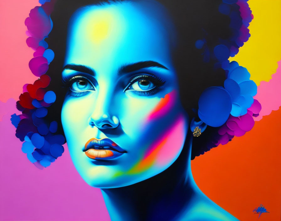 Colorful portrait of a woman with striking blue eyes and dramatic neon-like lighting.
