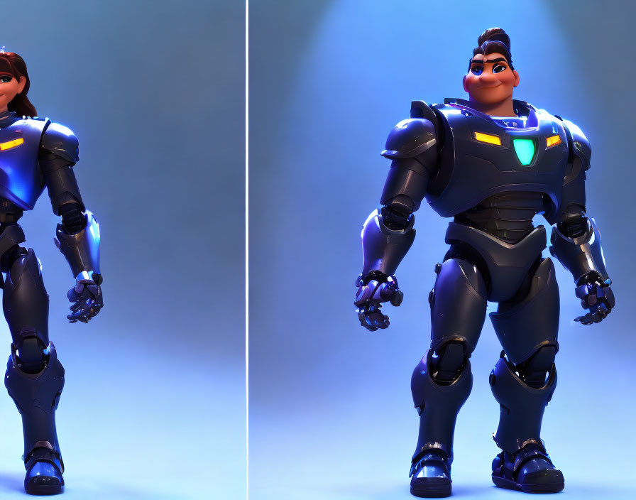 Futuristic armored animated characters on blue background
