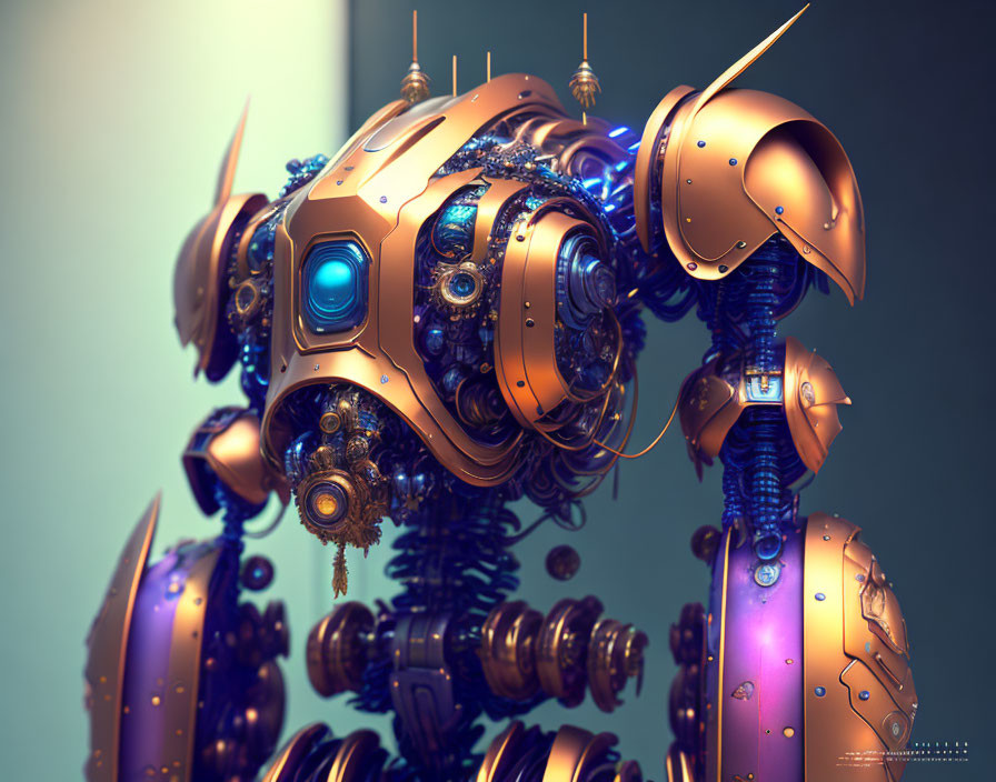Detailed 3D illustration of futuristic robot with gold and bronze armor plates