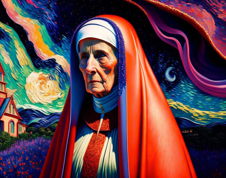 Elderly woman portrait with headscarf against swirling backdrop