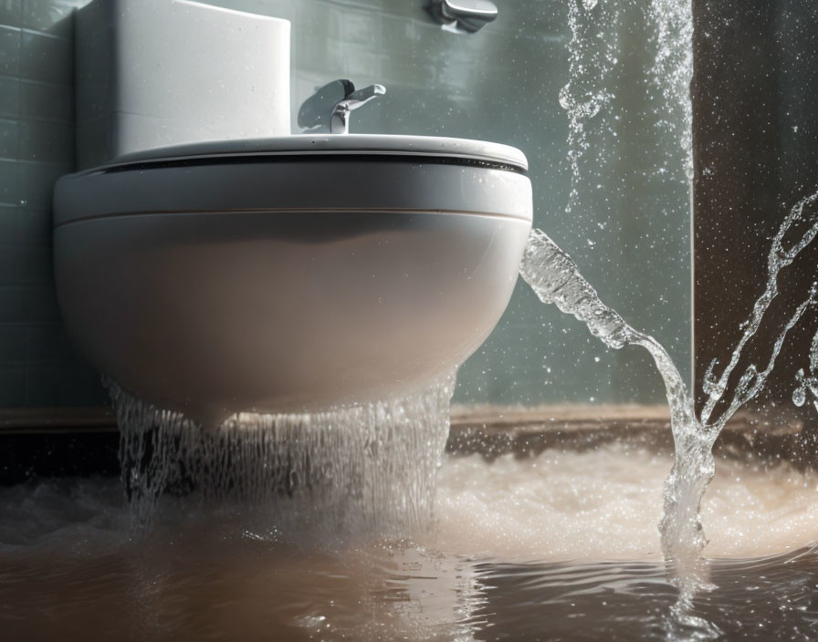 Overflowing Bathroom Sink with Strong Water Stream splashing on Flooded Floor
