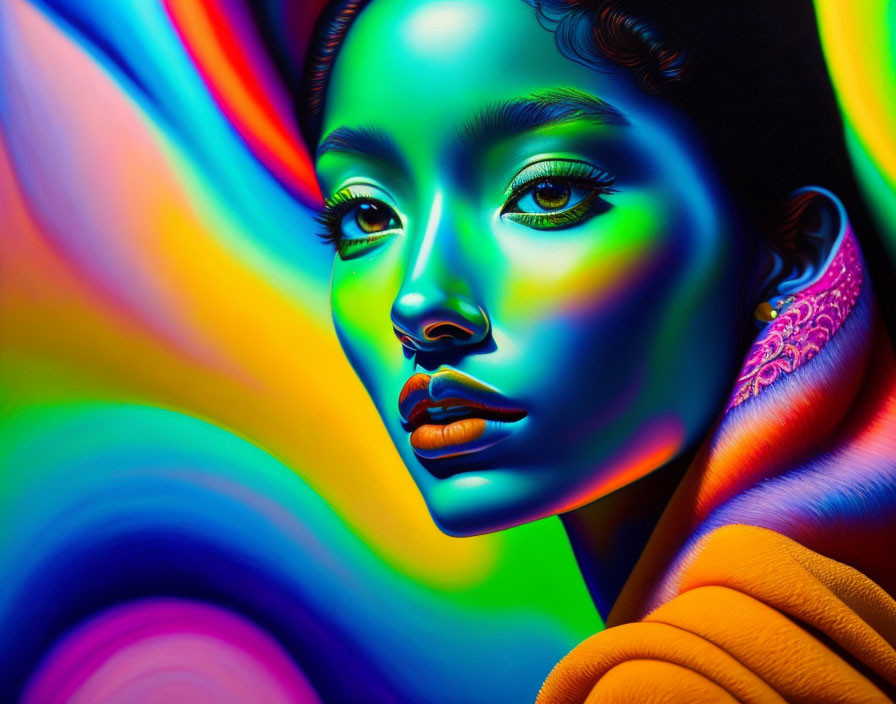 Colorful digital portrait of a woman with flowing rainbow backdrop.