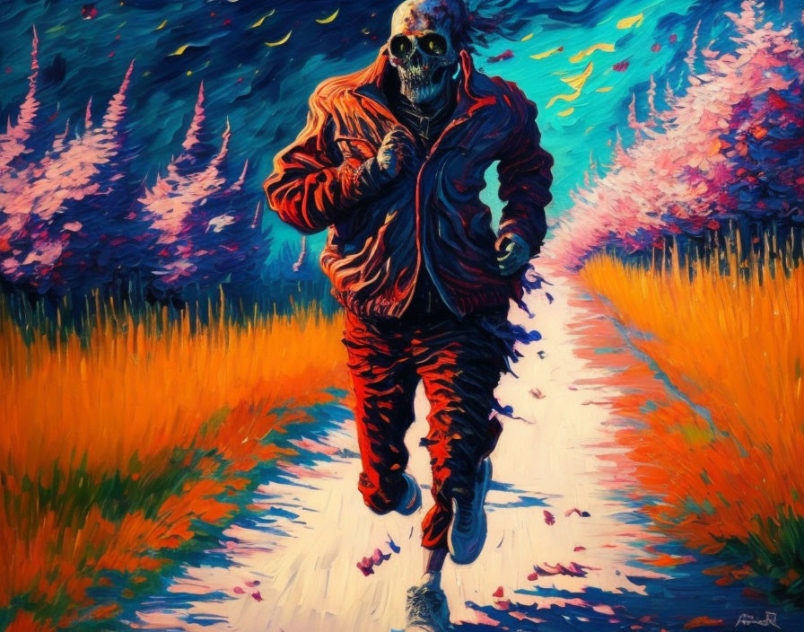 Colorful Painting: Skeleton in Red Tracksuit Jogging on Vibrant Pathway
