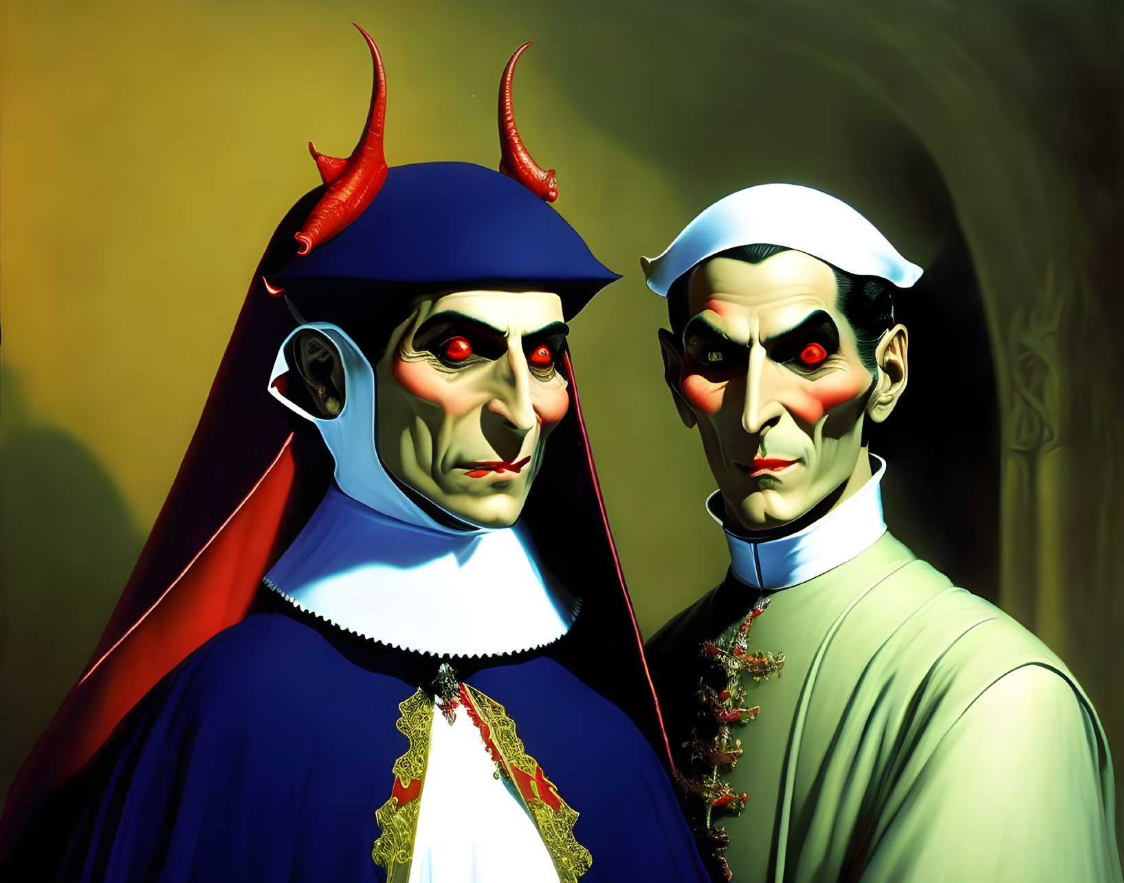 Stylized characters with vampire-like features and red horns in medieval attire with gothic backdrop