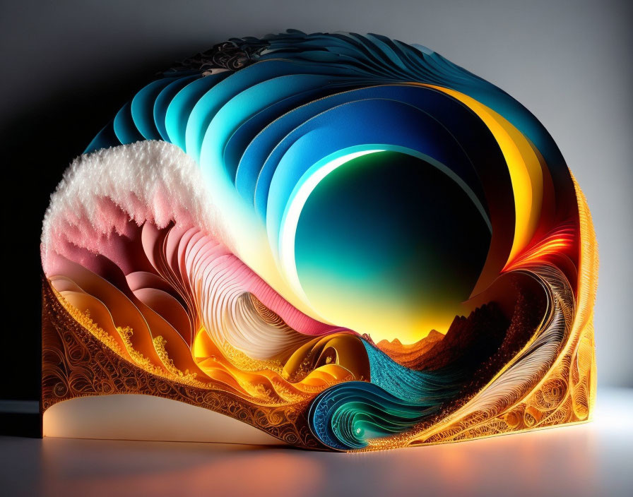 Colorful Paper Art Sculpture: Wave-Like Layers in Blue and Orange Gradient