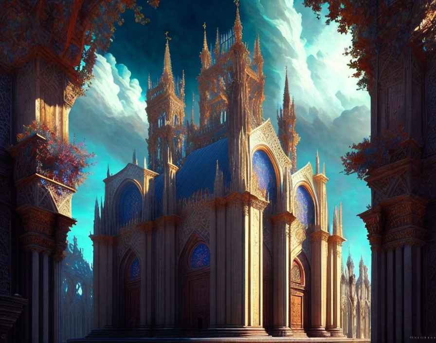 Fantasy cathedral with Gothic architecture in forest setting