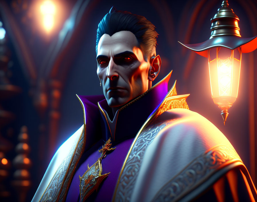 Regal vampire character with lantern in gothic setting