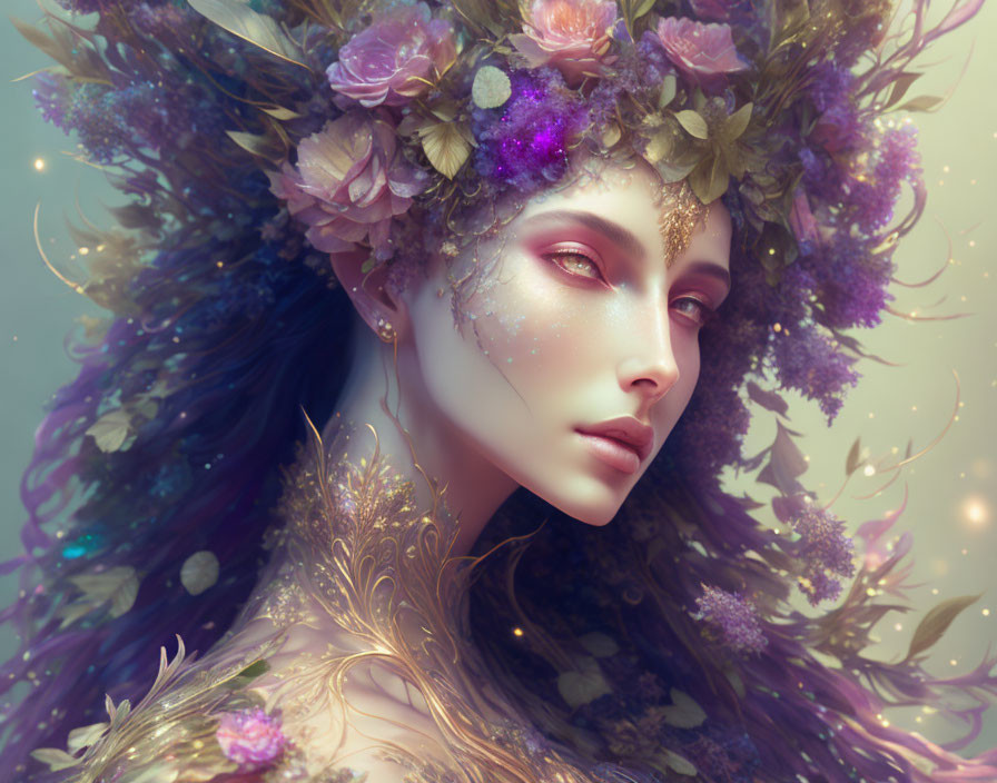 Fantasy portrait of woman with ornate floral headdress and golden skin on pastel backdrop