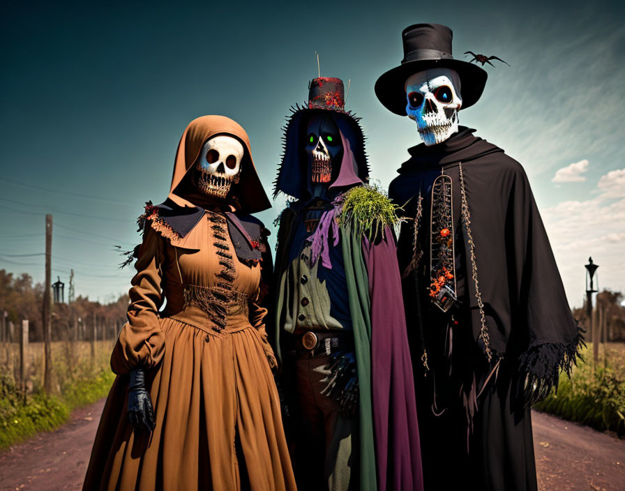 Three People in Elaborate Day of the Dead Costumes Outdoors
