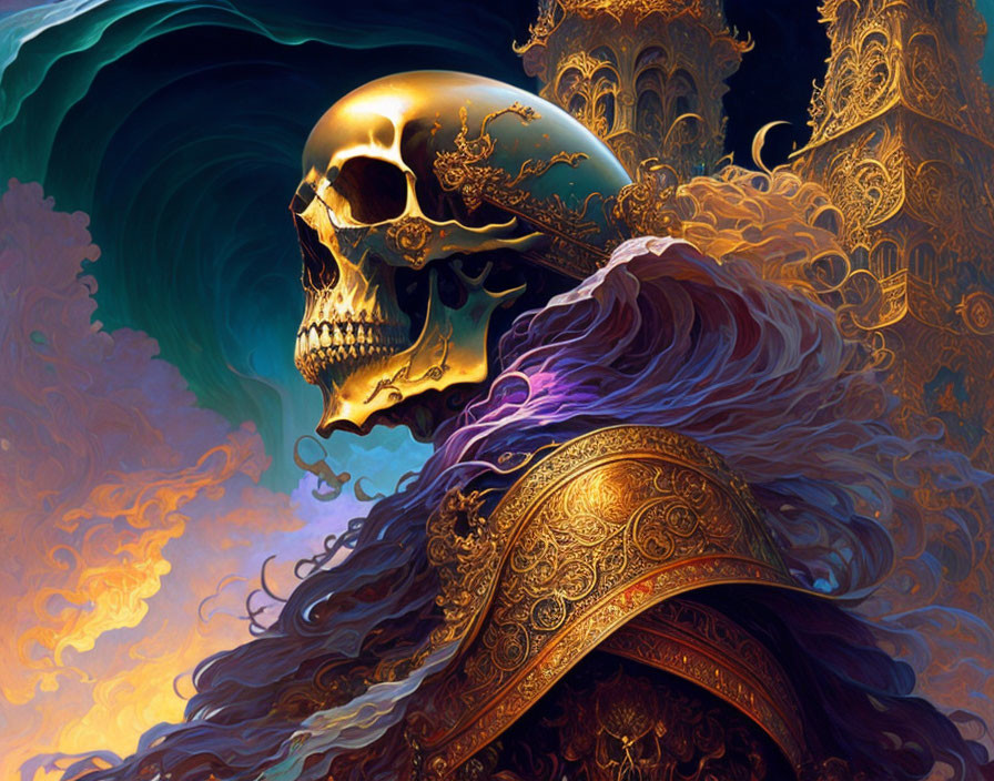 Golden skull with intricate designs on swirling blue and orange backdrop symbolizing fantasy and mysticism