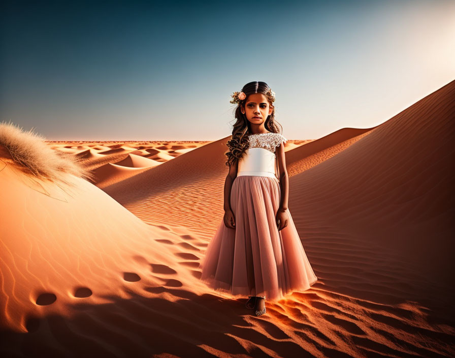 Young girl in pink skirt and white lace top in sand dunes under blue sky