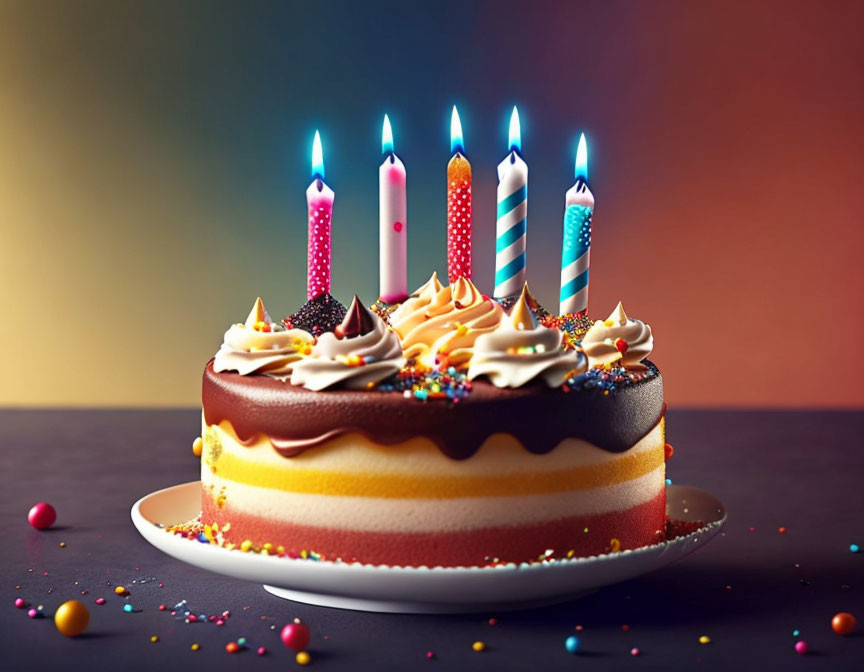 Colorful Birthday Cake with Lit Candles and Sprinkles on Plate