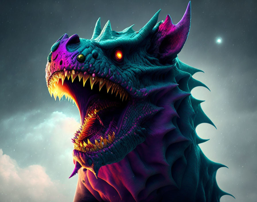 Detailed digital illustration of fearsome dragon with glowing red eyes, sharp horns, and dramatic night sky backdrop