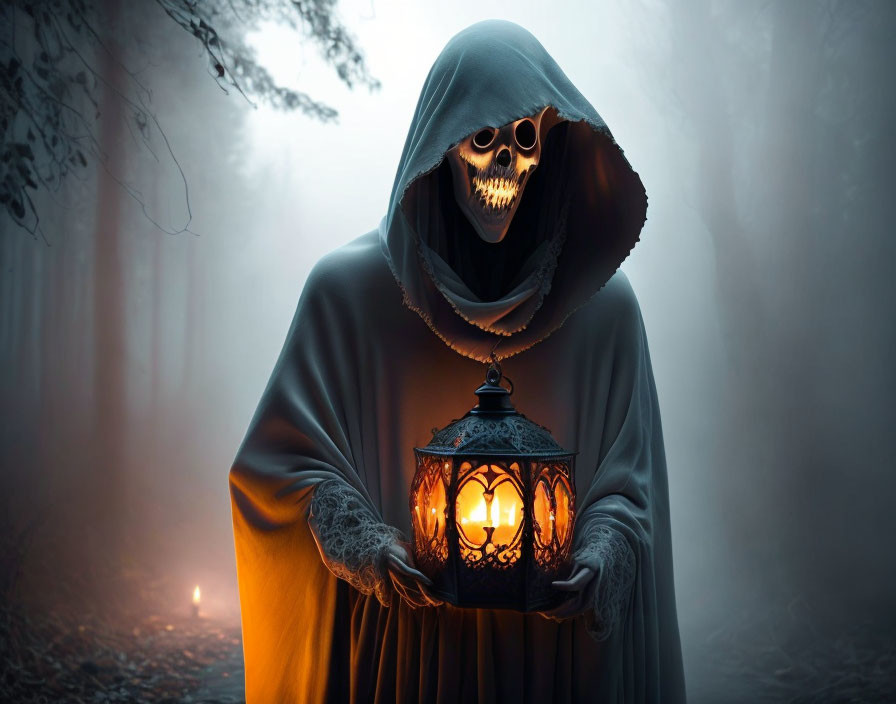 Skull-faced figure with lantern in misty forest