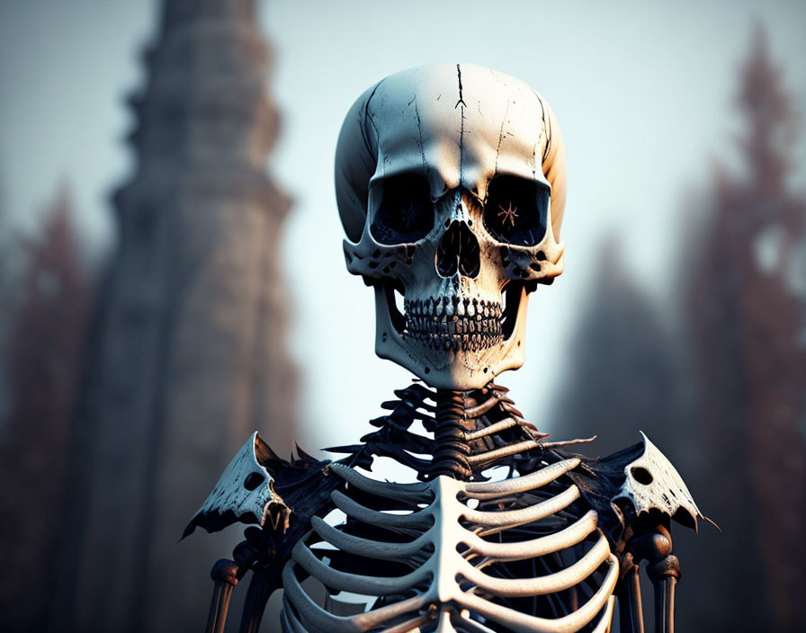 Cracked skull human skeleton in spooky forest setting