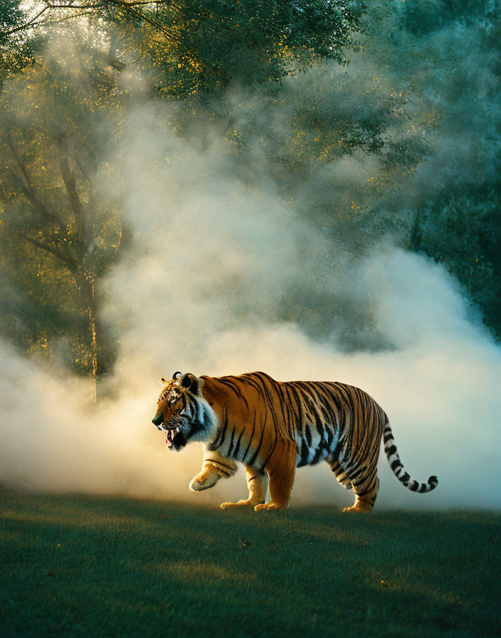 Majestic tiger in misty forest with orange and black stripes at dawn