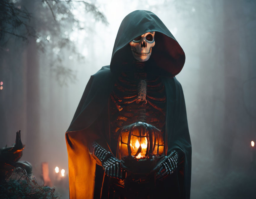 Skeleton Costume Figure with Carved Pumpkin in Eerie Forest Setting