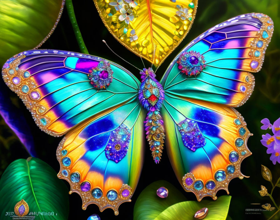 Colorful Butterfly Digital Artwork with Jeweled Wings and Floral Background