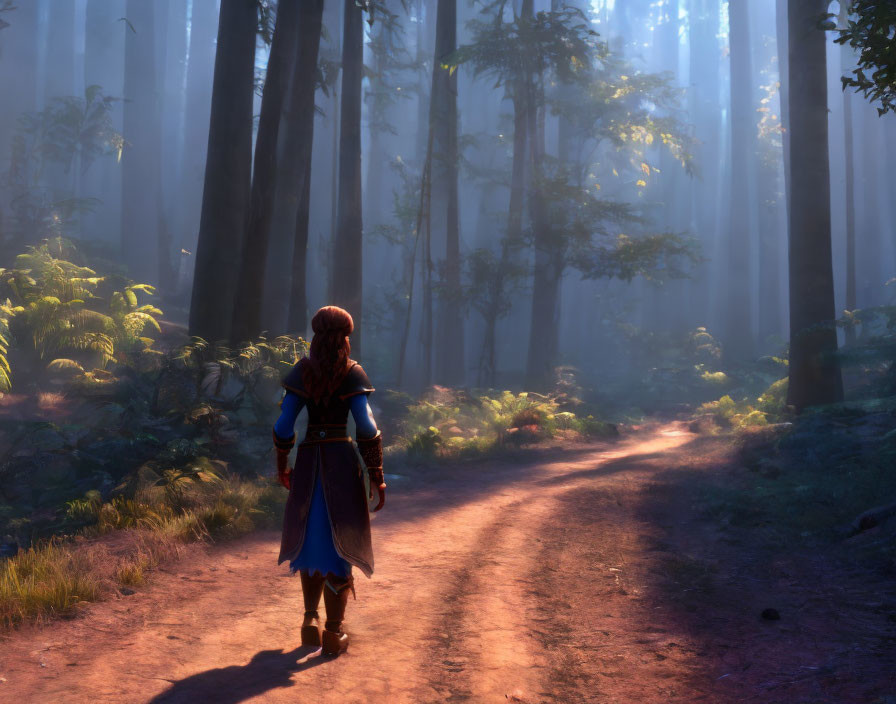 Red-Haired Character in Blue and Brown Attire on Sunlit Forest Path