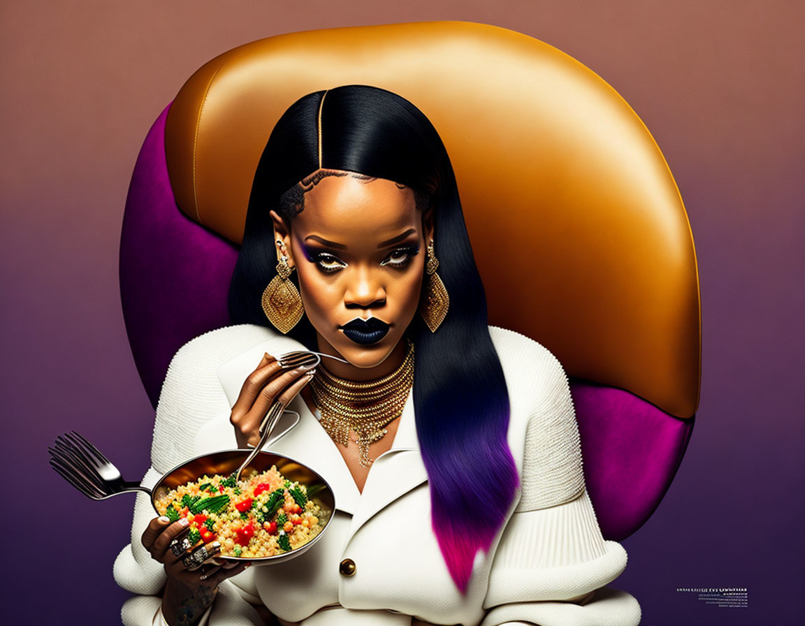 Stylized portrait of woman with dark lipstick holding pan of food against purple background