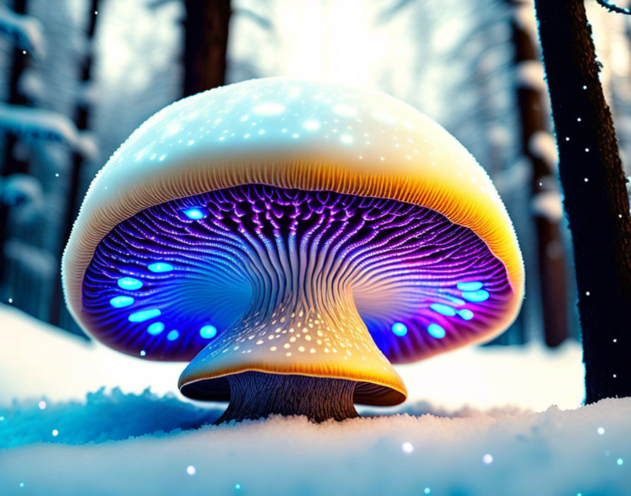 Vibrant illuminated mushroom with blue and purple underside in snowy forest