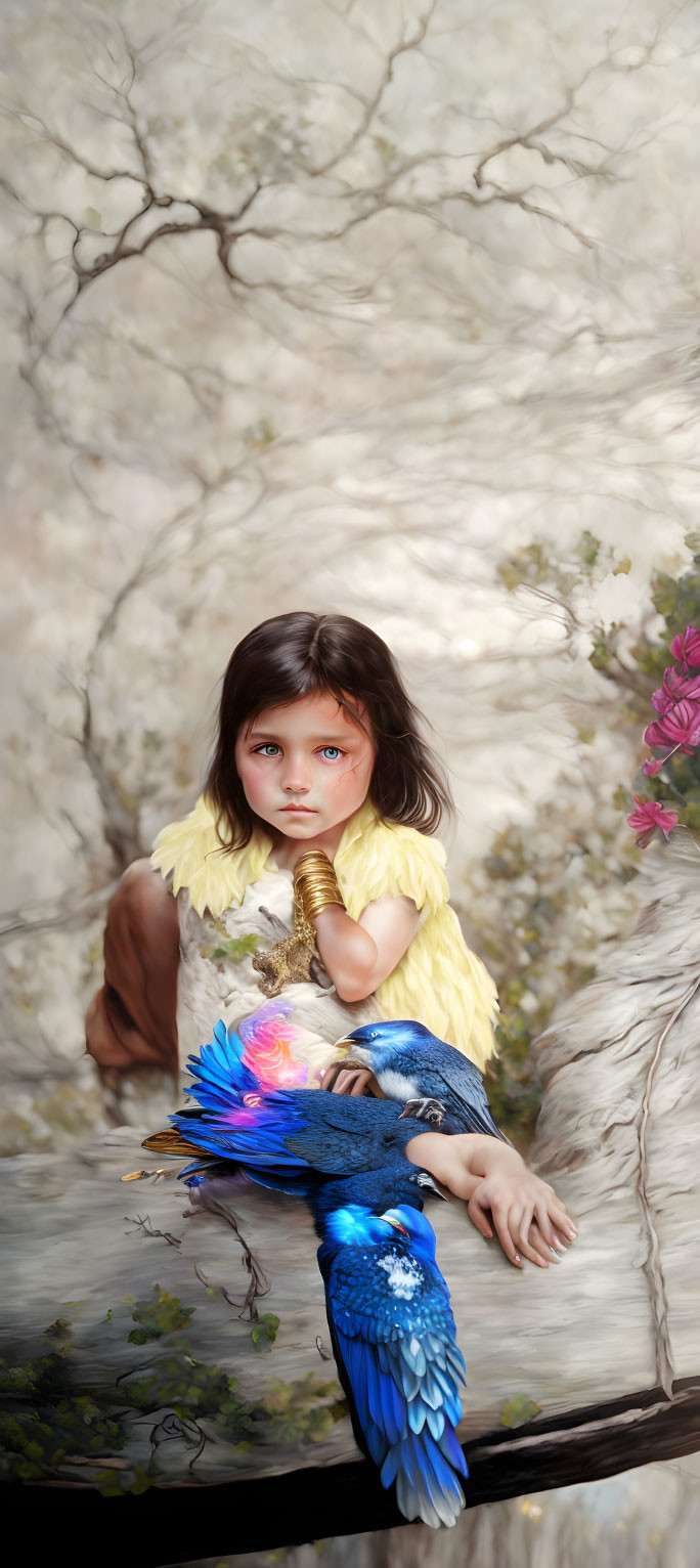 Young girl with blue eyes in yellow shawl next to colorful bird amidst delicate branches