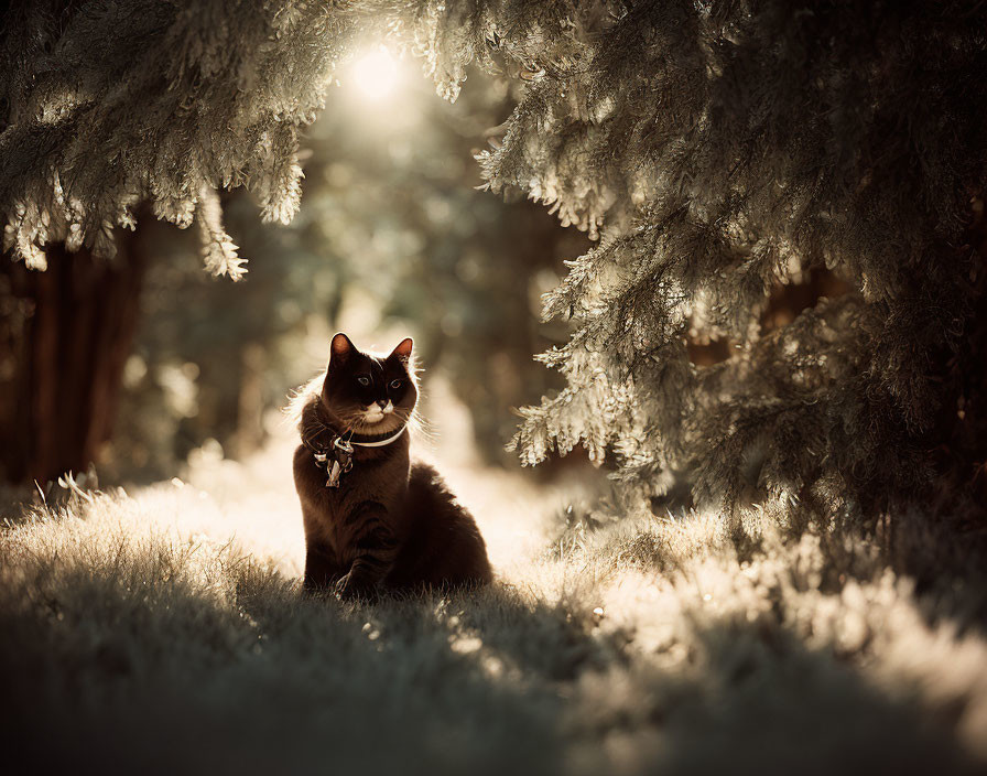 Cat with collar under sunlit tree surrounded by soft foliage.