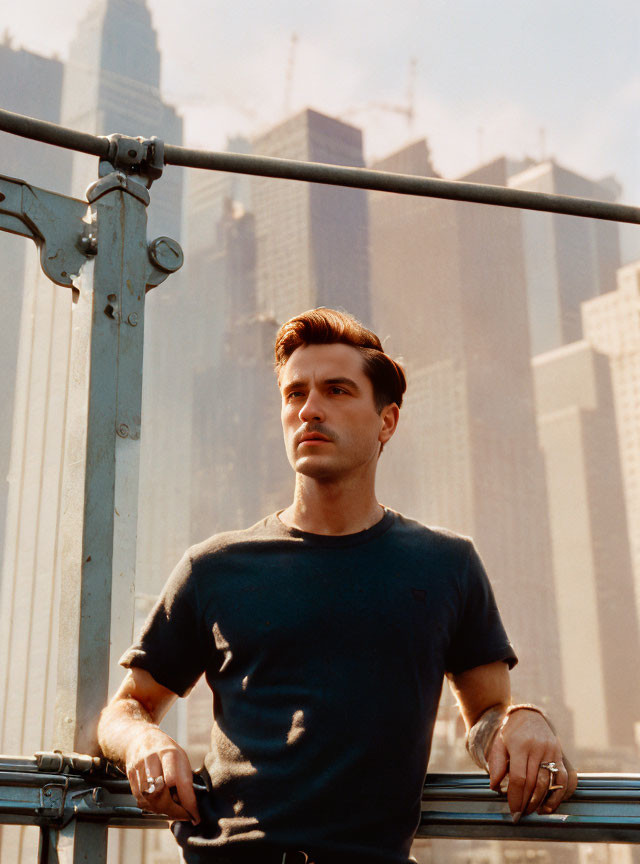 Man leaning on railing with skyscrapers in background