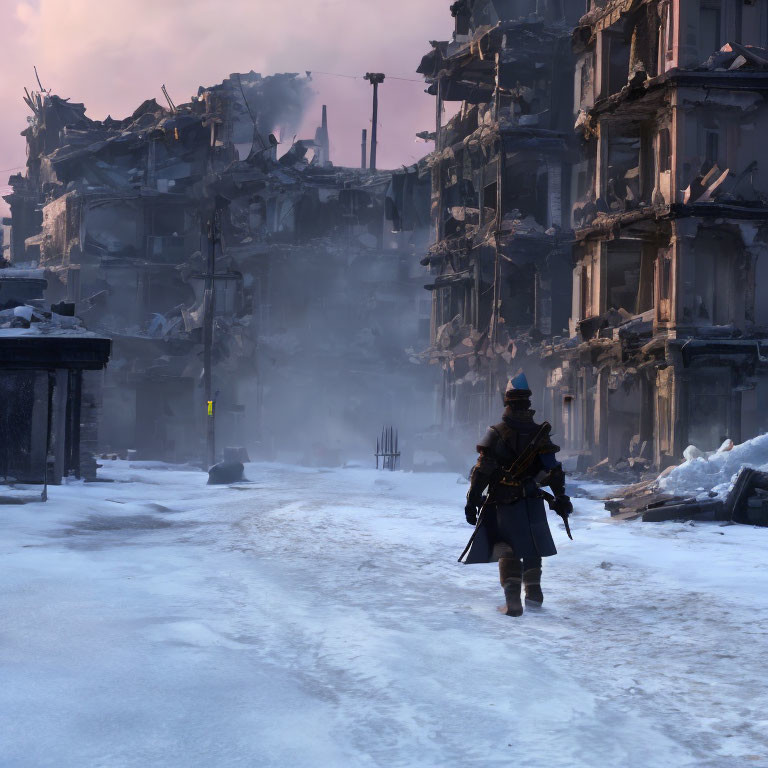 Desolate snow-covered street with lone military figure.