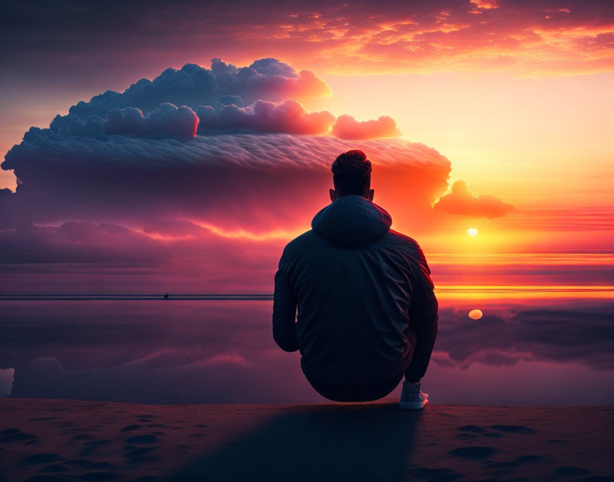Hooded person watching vibrant sunset by calm water