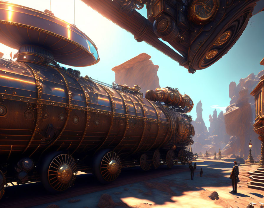 Steampunk-inspired train under hovering spacecraft in desert with rock formations.