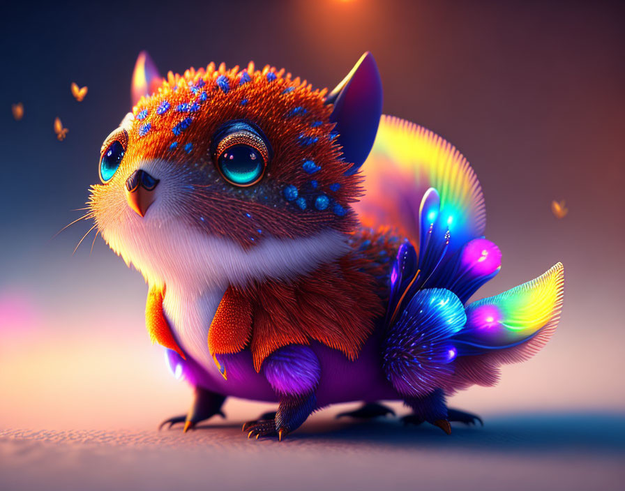 Colorful Creature with Blue Eyes, Feathers, and Orange Coat