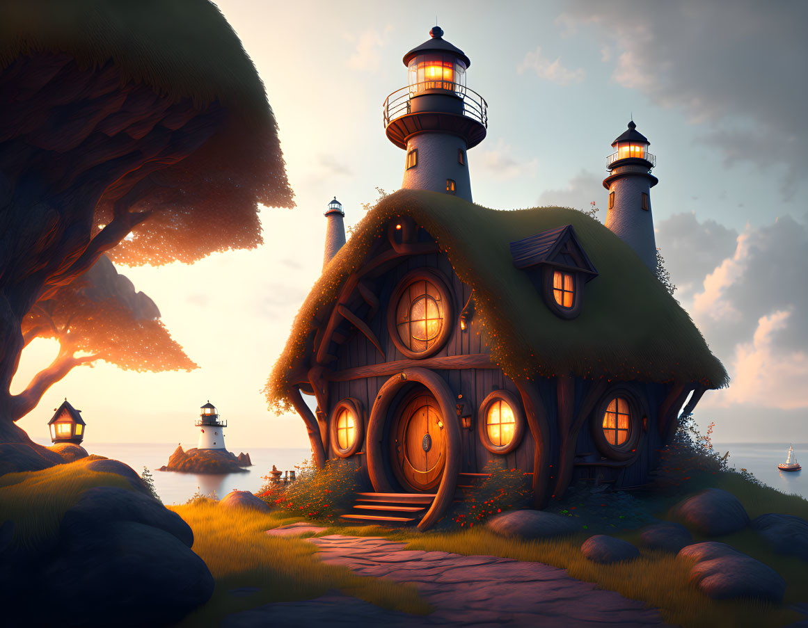 Enchanting cottage with lighthouse, twilight sky, lush greenery, calm sea