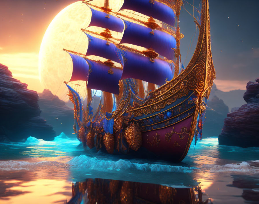 Golden-hued ship with blue sails in fantasy seascape at sunset