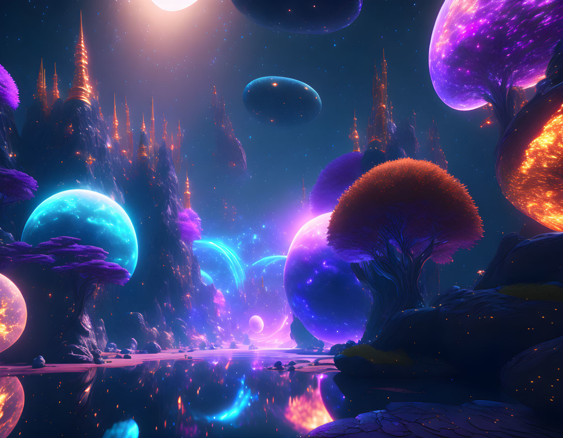 Fantastical landscape with glowing trees, floating islands, serene water, cosmic sky