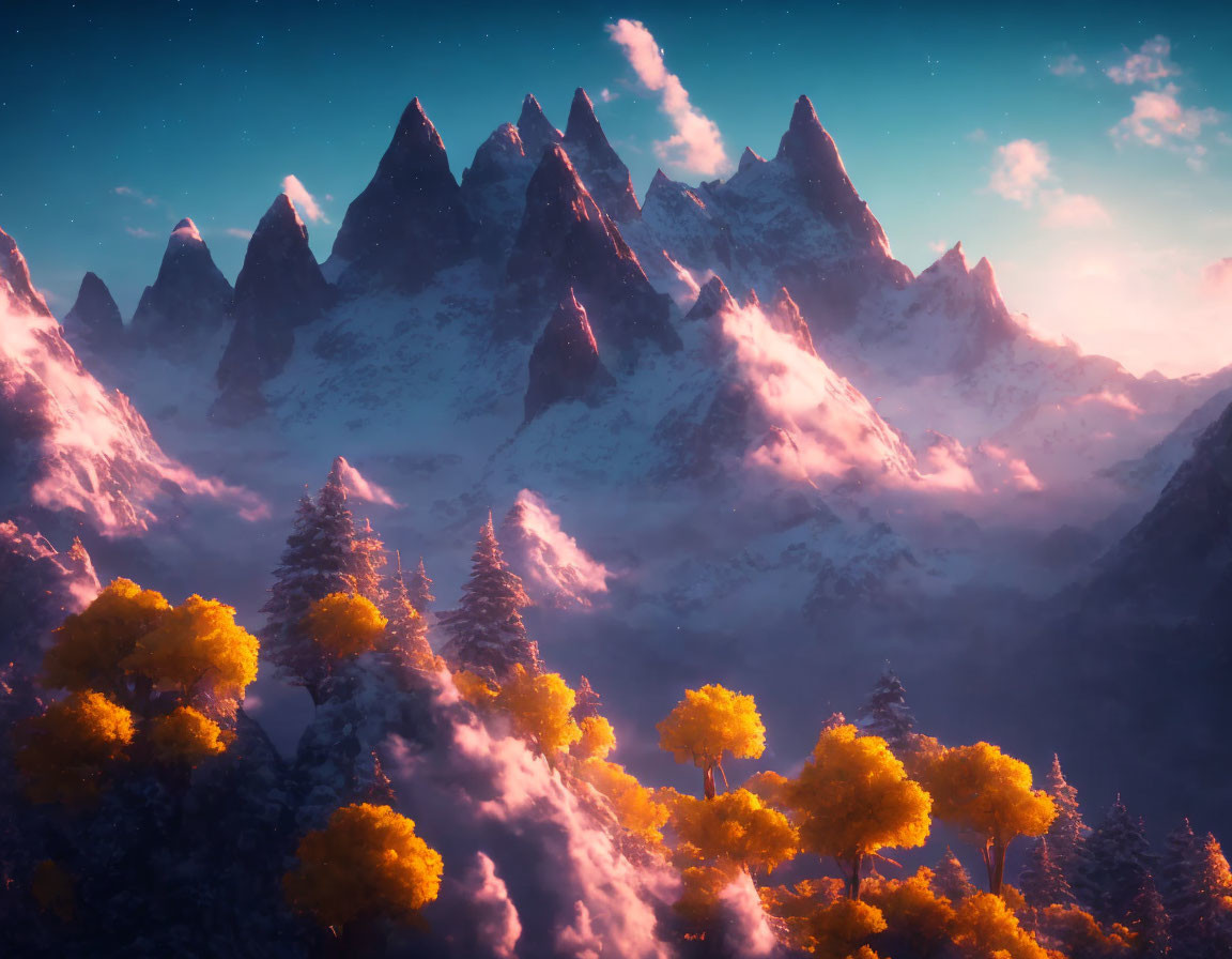 Snow-covered peaks and golden forest at twilight with pinkish sky