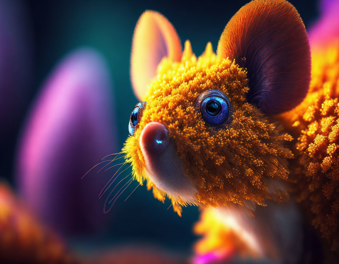 Vibrant orange fur mouse creature with large blue eyes on dark background