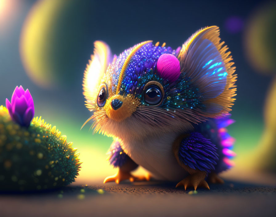 Iridescent fur fantasy mouse in mystical setting
