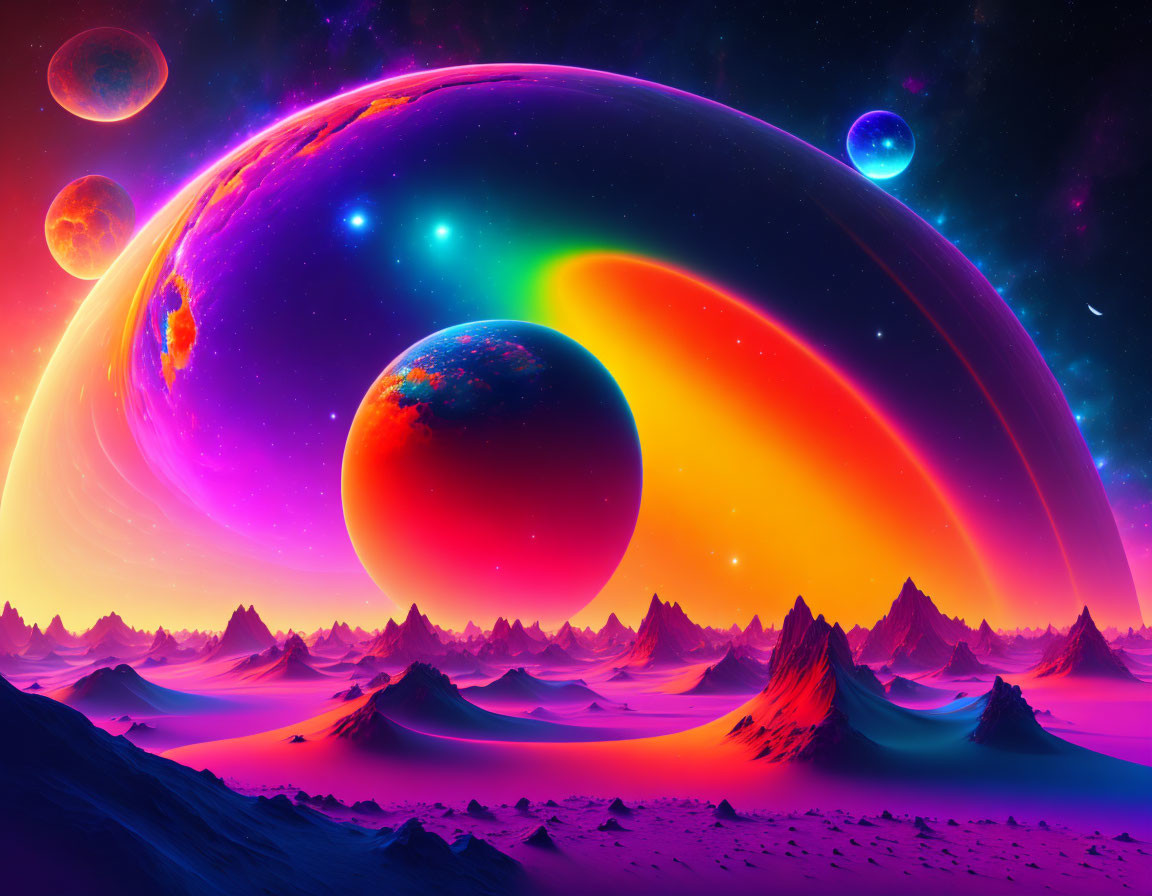 Colorful digital art: alien landscape with mountains, ringed planet, moons, and starlit sky