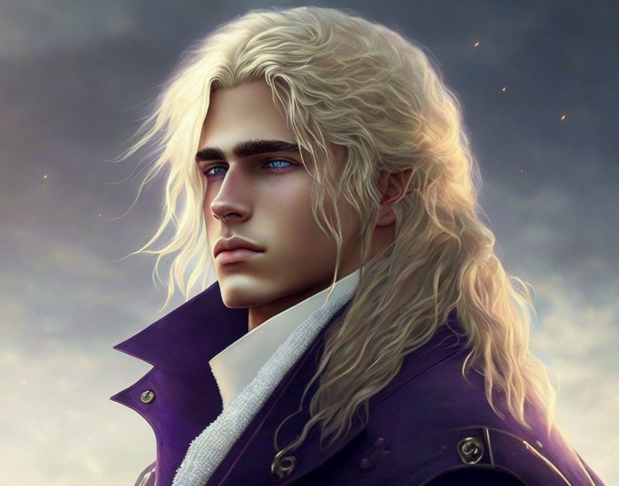 Fantasy character digital portrait with long white hair and purple jacket
