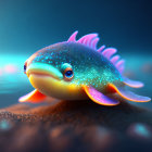 Bioluminescent fish digital illustration with shiny body and glowing fins