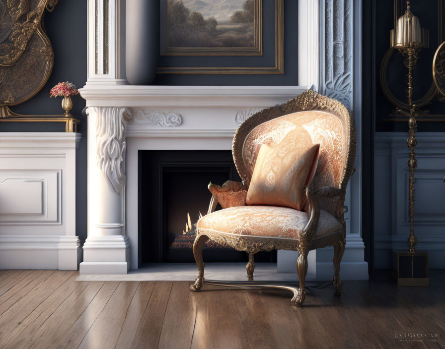 A Chair By An Elegant Fireplace