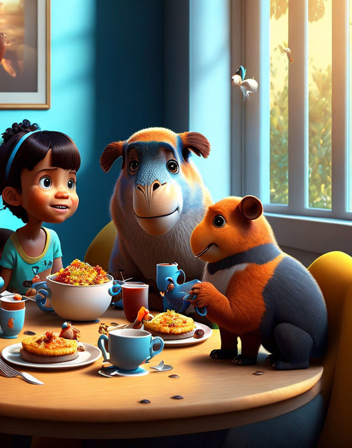 Young girl with capybara and fox characters having a meal in sunlit room
