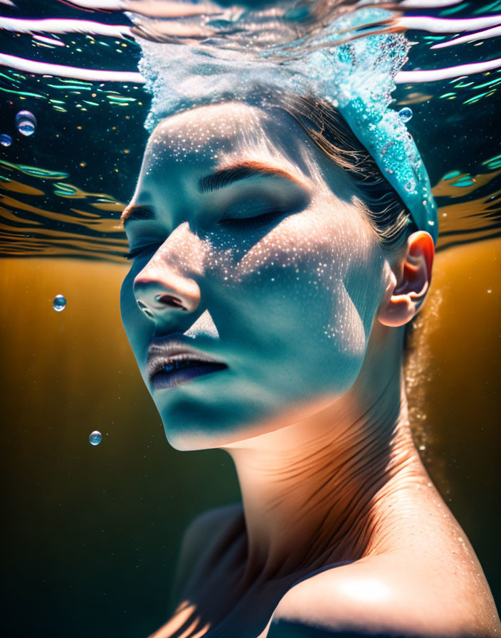 Woman submerged in water with air bubbles and light reflections.