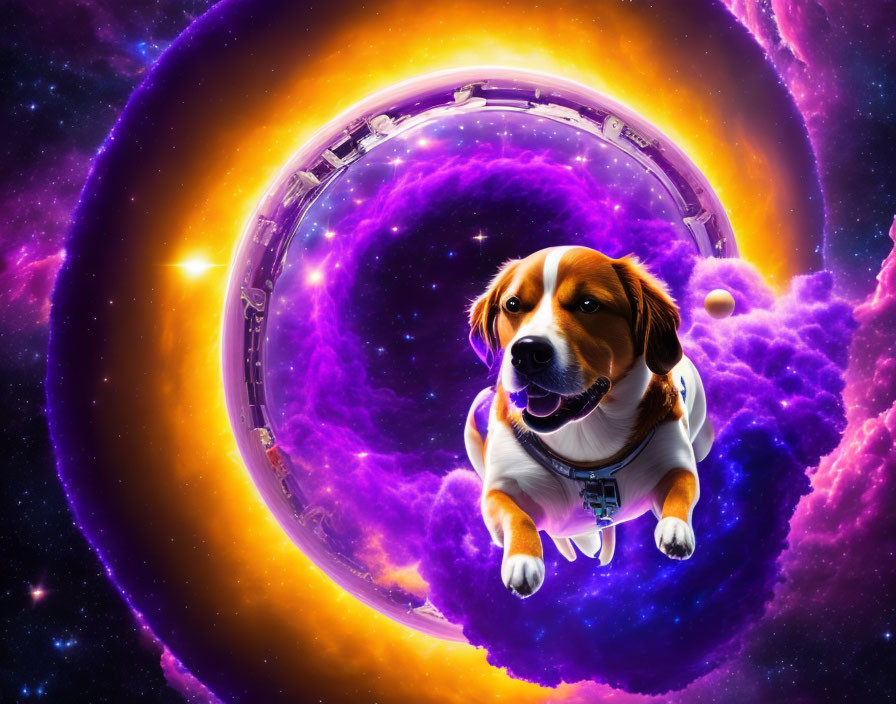 Dog in spacesuit against cosmic background with galaxies and stars